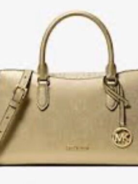 NWT Michael Kors Arden Medium Zip-top Gold-Tone Beige Leather Satchel